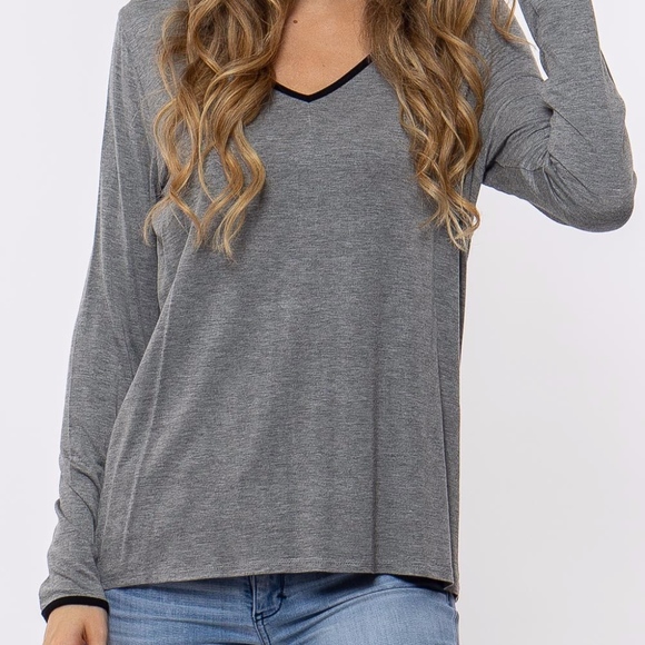 Gray long sleeve oversized comfy sweater vneck top - Picture 1 of 4